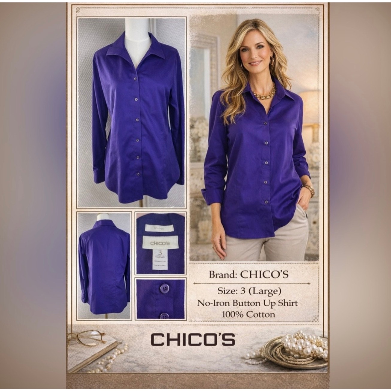 Chicos Button Front Shirt Size Xl 3 Purple Cotton Long Sleeve Non-Iron Collar